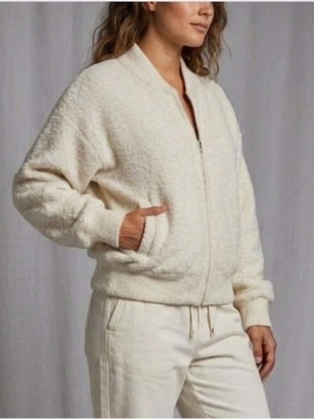 Dynamite premium plush Cream Zip-Front Bomber Jacket thick soft textured 1526